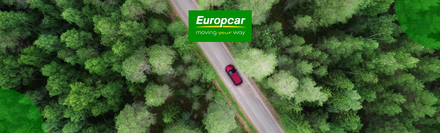 Aerial view of a red car driving along a forest road surrounded by dense green trees