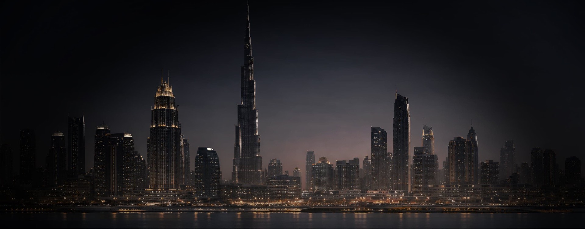 Dubai skyline at night with the Burj Khalifa illuminated against a dark sky