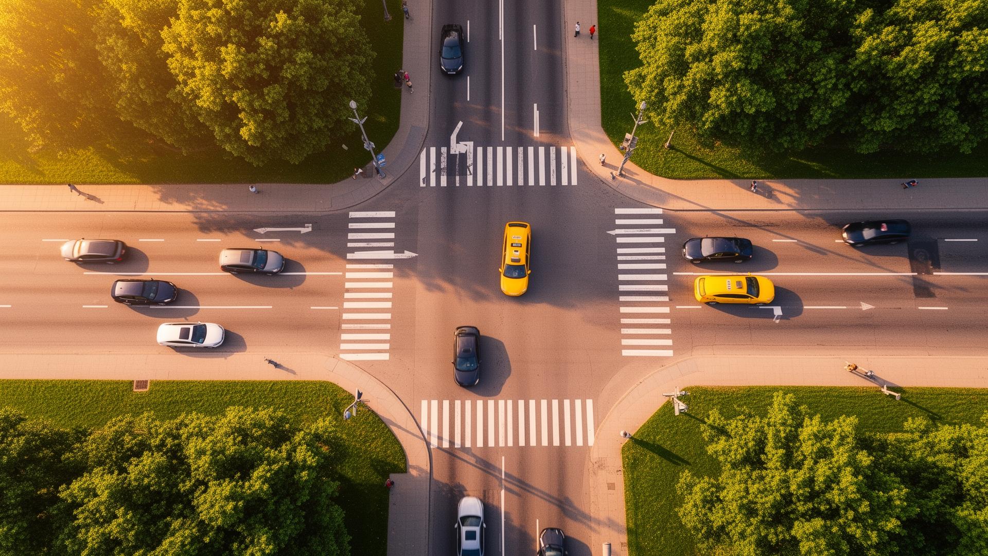 Aerial view of a city crossroad with cars and a yellow taxi